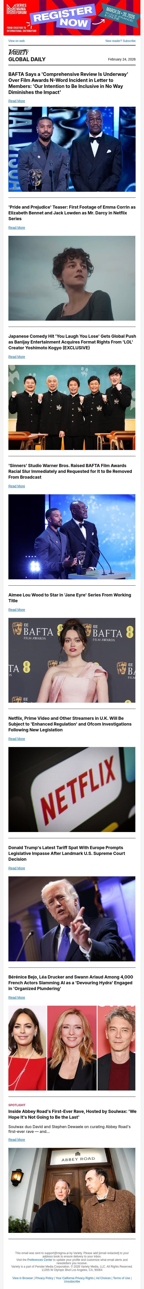 BAFTA Review Underway Over Racial Slur; 'Pride and Prejudice' Teaser; 'You Laugh You Lose' Goes Global email from Variety screenshot
