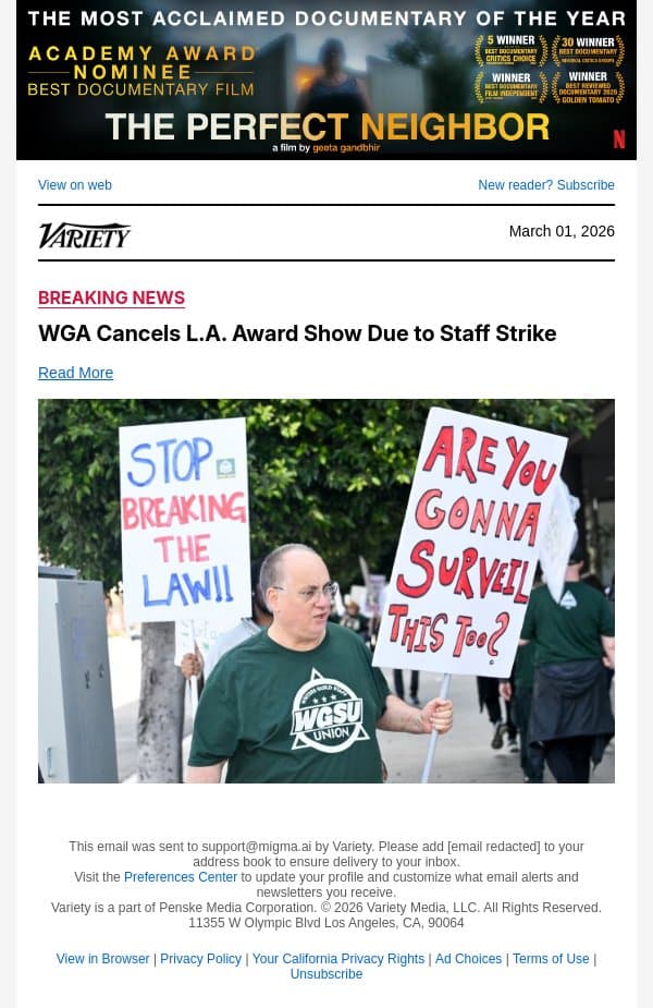 WGA Cancels L.A. Award Show Due to Staff Strike email from Variety screenshot