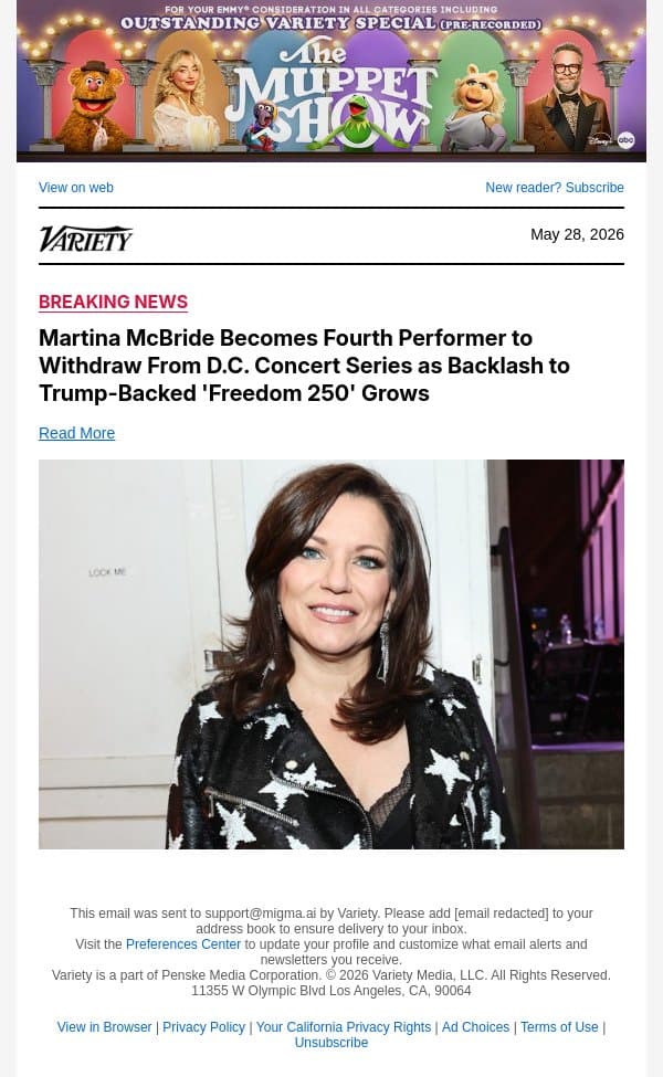 Martina McBride Becomes Fourth Performer to Withdraw From D.C. Concert Series as Backlash to Trump-Backed 'Freedom 250' Grows email from Variety screenshot
