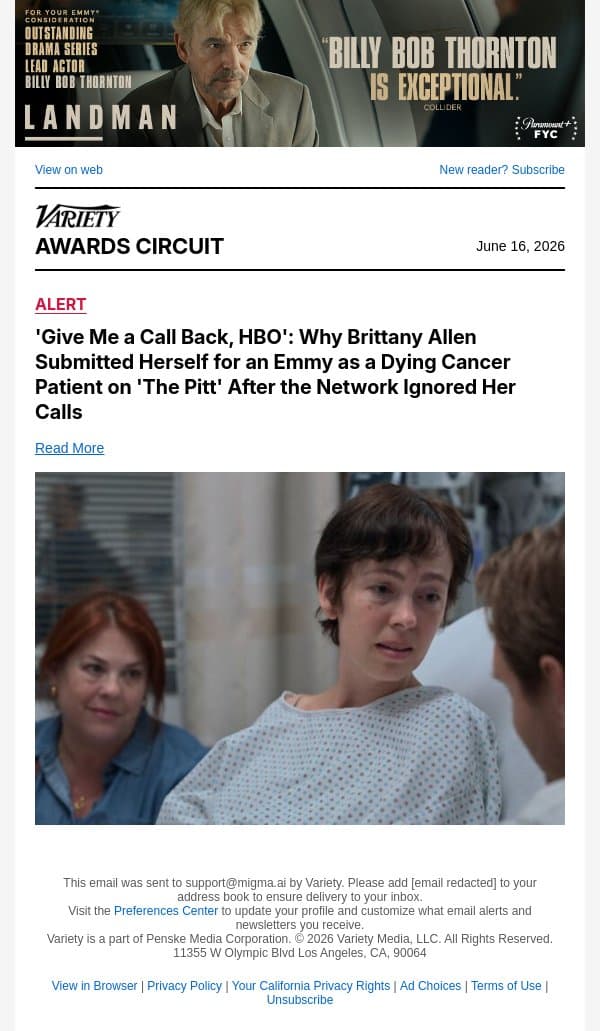 'Give Me a Call Back, HBO': Why Brittany Allen Submitted Herself for an Emmy as a Dying Cancer Patient on 'The Pitt' After the Network Ignored Her Calls email from Variety screenshot