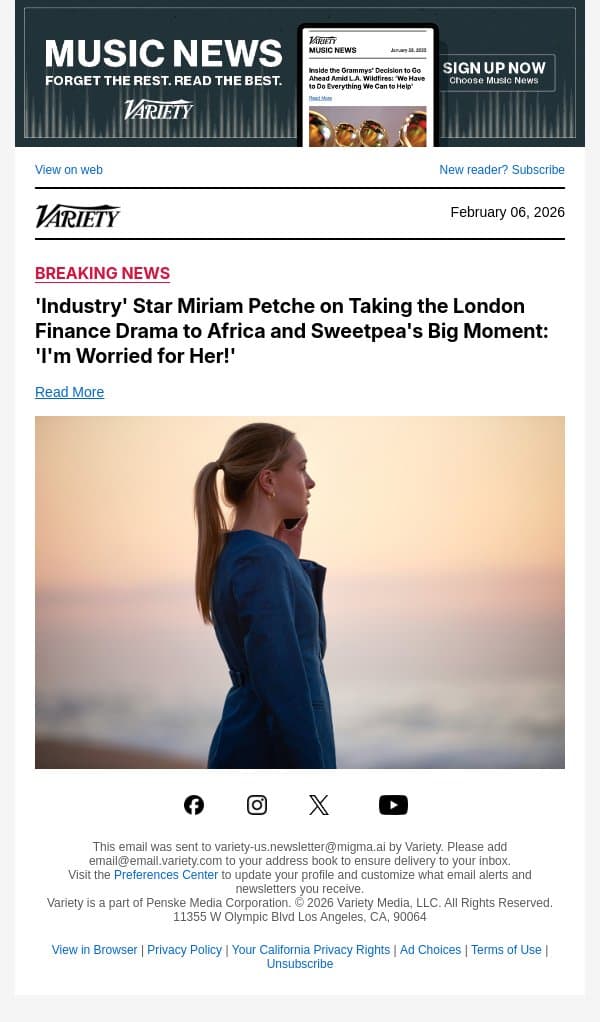 'Industry' Star Miriam Petche on Taking the London Finance Drama to Africa and Sweetpea's Big Moment: 'I'm Worried for Her!' email from Variety screenshot