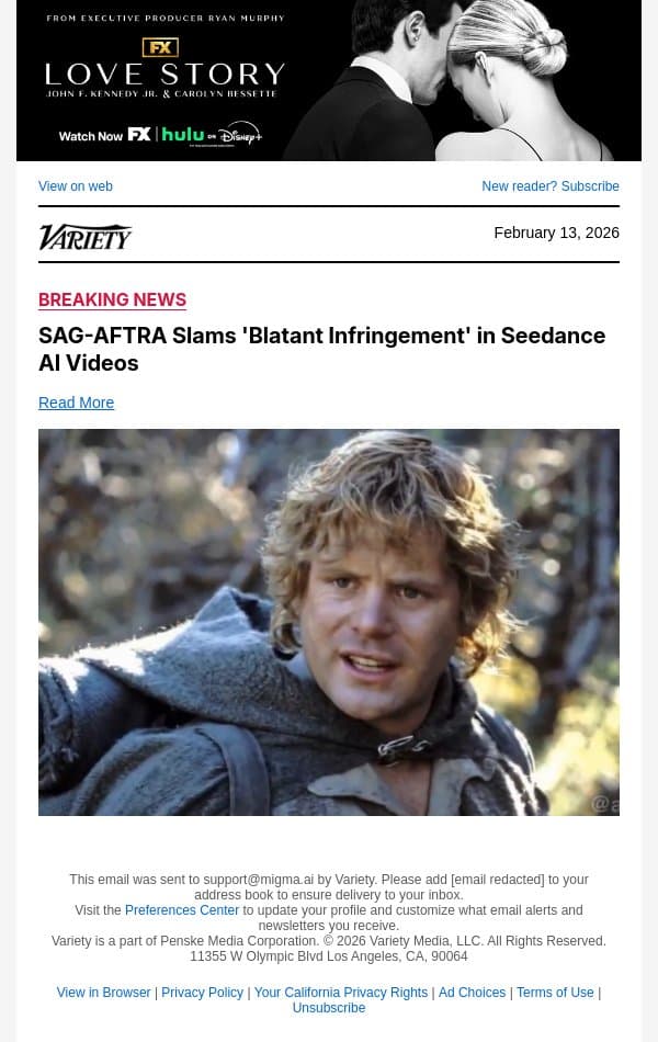 SAG-AFTRA Slams 'Blatant Infringement' in Seedance AI Videos email from Variety screenshot