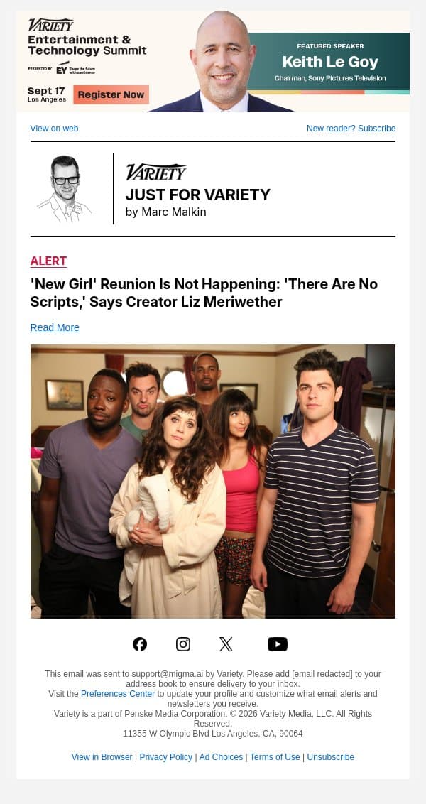 'New Girl' Reunion Is Not Happening: 'There Are No Scripts,' Says Creator Liz Meriwether email from Variety screenshot
