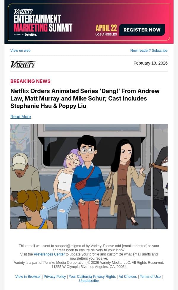 Netflix Orders Animated Series 'Dang!' From Andrew Law, Matt Murray and Mike Schur; Cast Includes Stephanie Hsu and Poppy Liu email from Variety screenshot