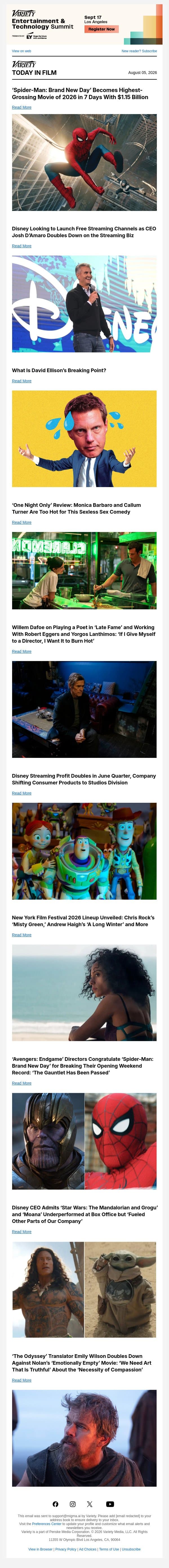 'Spider-Man’ Is 2026's Top-Grosser; Disney Considers Free Streaming; David Ellison’s Breaking Point email from Variety screenshot