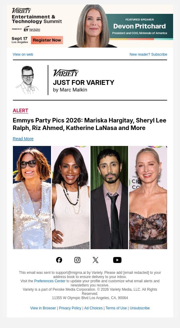 Emmys Party Pics 2026: Mariska Hargitay, Sheryl Lee Ralph, Riz Ahmed, Katherine LaNasa and More email from Variety screenshot