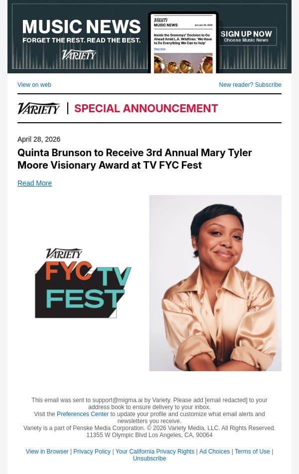 Quinta Brunson to Receive 3rd Annual Mary Tyler Moore Visionary Award at TV FYC Fest email from Variety screenshot