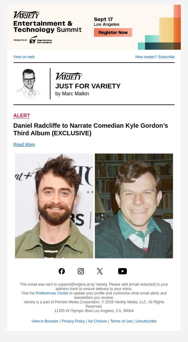 Daniel Radcliffe to Narrate Comedian Kyle Gordon’s Third Album (EXCLUSIVE) email from Variety screenshot