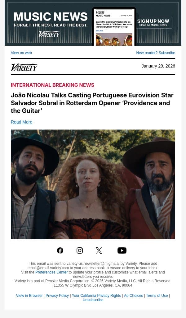 João Nicolau Talks Casting Portuguese Eurovision Star Salvador Sobral in Rotterdam Opener ‘Providence and the Guitar’ email from Variety screenshot
