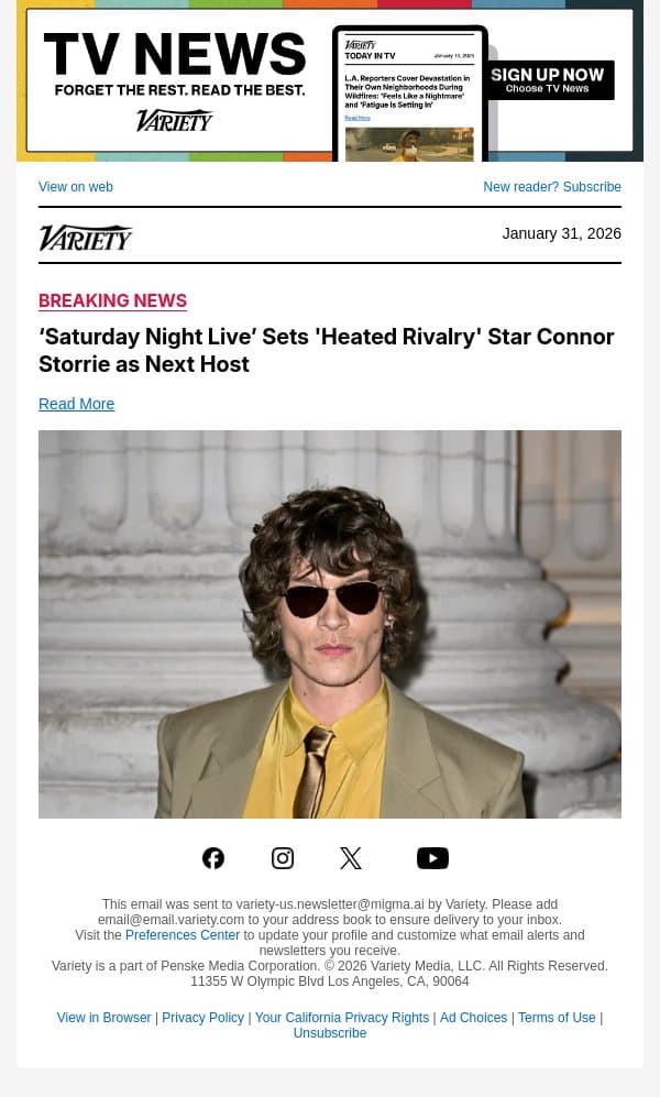 ‘Saturday Night Live’ Sets 'Heated Rivalry' Star Connor Storrie as Next Host email from Variety screenshot