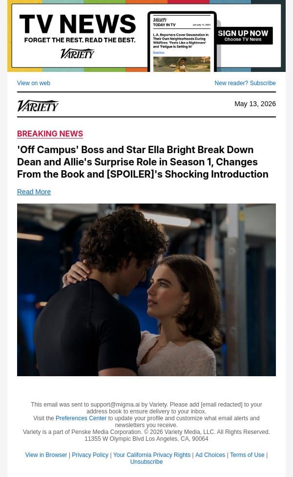 'Off Campus' Boss and Star Ella Bright Break Down Dean and Allie's Surprise Role in Season 1, Changes From the Book and [SPOILER]'s Shocking Introduction email from Variety screenshot