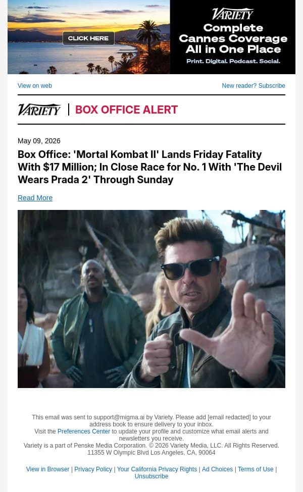 Box Office: 'Mortal Kombat II' Lands Friday Fatality With $17 Million; In Close Race for No. 1 With 'The Devil Wears Prada 2' Through Sunday email from Variety screenshot