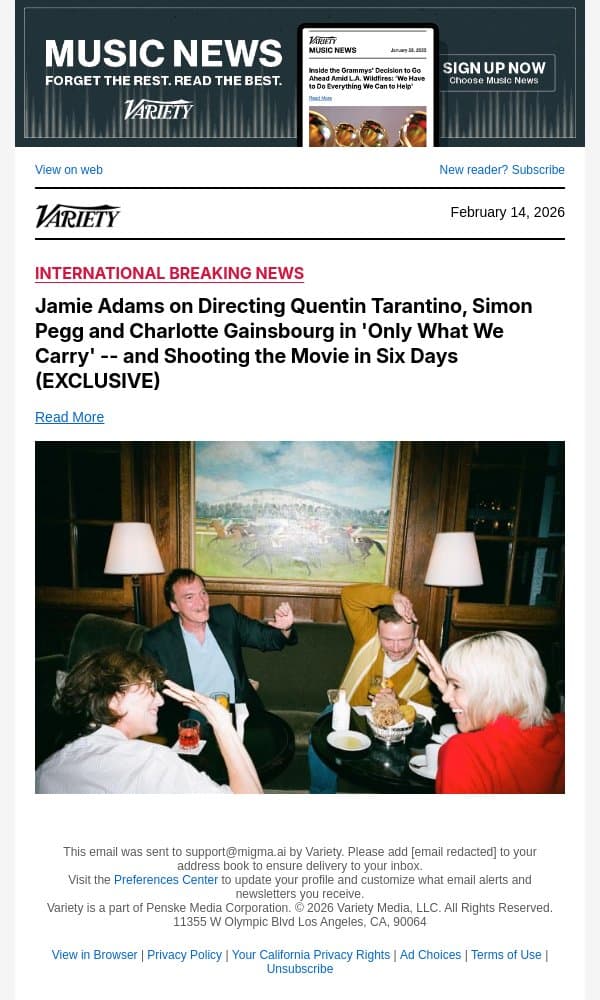 Jamie Adams on Directing Quentin Tarantino, Simon Pegg and Charlotte Gainsbourg in 'Only What We Carry' -- and Shooting the Movie in Six Days (EXCLUSIVE) email from Variety screenshot