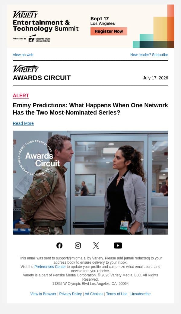 Emmy Predictions: What Happens When One Network Has the Two Most-Nominated Series? email from Variety screenshot