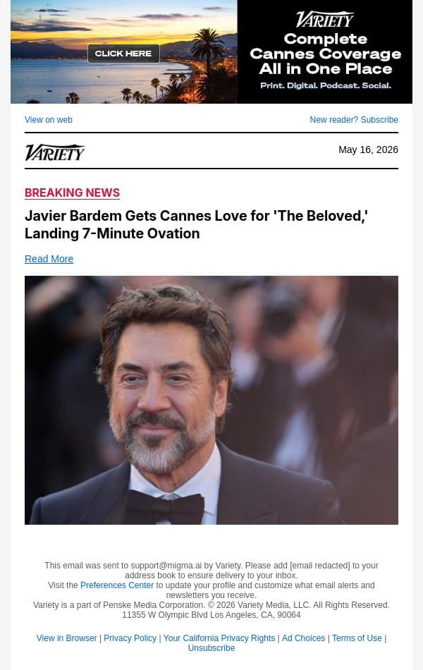 Javier Bardem Gets Cannes Love for 'The Beloved,' Landing 7-Minute Ovation email from Variety screenshot