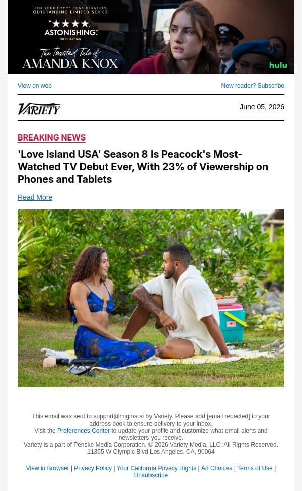 'Love Island USA' Season 8 Is Peacock's Most-Watched TV Debut Ever, With 23% of Viewership on Phones and Tablets email from Variety screenshot