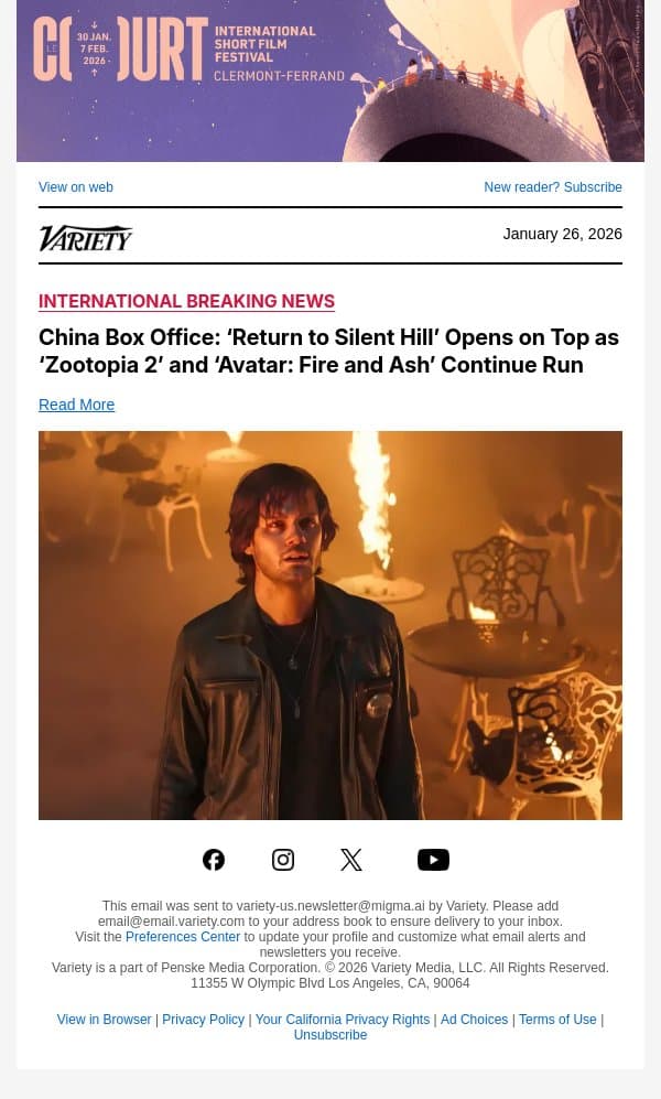 China Box Office: ‘Return to Silent Hill’ Opens on Top as ‘Zootopia 2’ and ‘Avatar: Fire and Ash’ Continue Run email from Variety screenshot