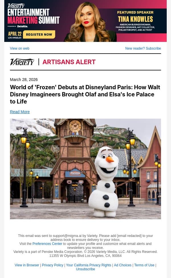 World of 'Frozen' Debuts at Disneyland Paris: How Walt Disney Imagineers Brought Olaf and Elsa's Ice Palace to Life email from Variety screenshot