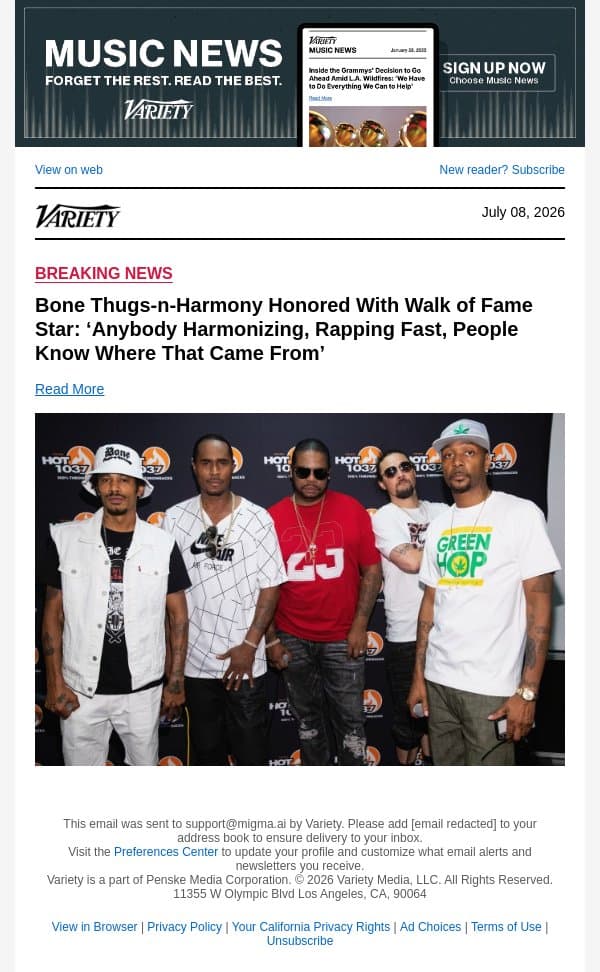 Bone Thugs-n-Harmony Honored With Walk of Fame Star: ‘Anybody Harmonizing, Rapping Fast, People Know Where That Came From’ email from Variety screenshot