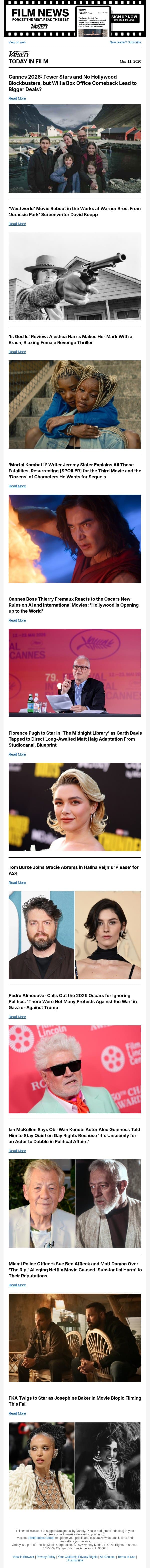 Cannes Preview; 'Westworld' Movie Reboot; 'Is God Is' Review email from Variety screenshot