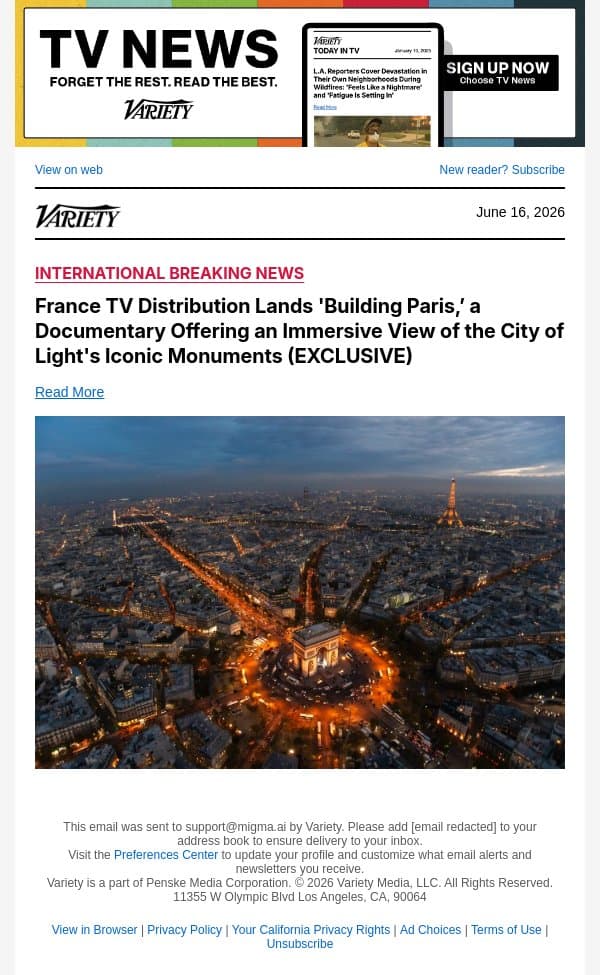 France TV Distribution Lands 'Building Paris,’ a Documentary Offering an Immersive View of the City of Light's Iconic Monuments (EXCLUSIVE) email from Variety screenshot