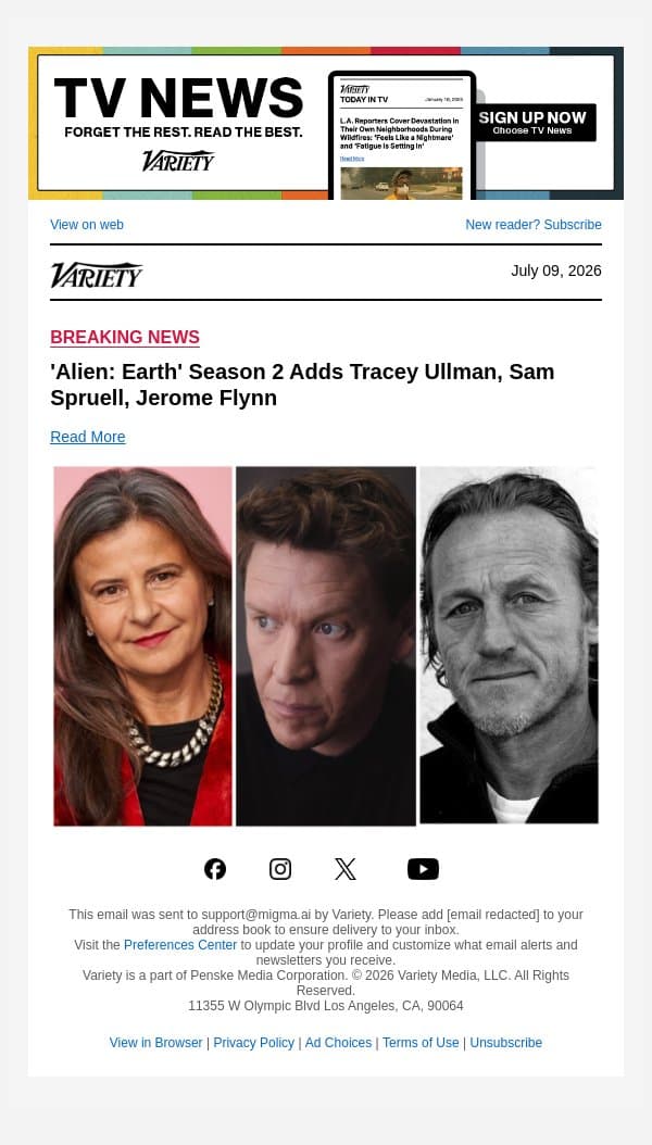 'Alien: Earth' Season 2 Adds Tracey Ullman, Sam Spruell, Jerome Flynn email from Variety screenshot