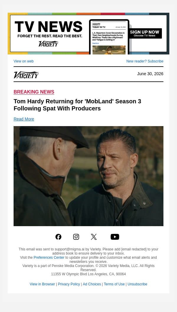 Tom Hardy Returning for 'MobLand' Season 3 Following Spat With Producers email from Variety screenshot