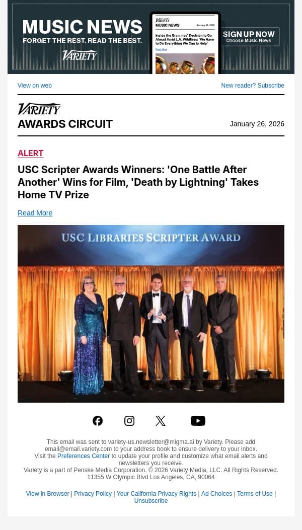 USC Scripter Awards Winners: 'One Battle After Another' Wins for Film, 'Death by Lightning' Takes Home TV Prize email from Variety screenshot