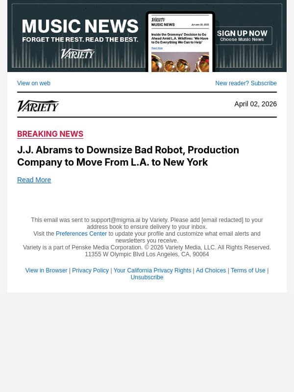 J.J. Abrams to Downsize Bad Robot, Production Company to Move From L.A. to New York email from Variety screenshot