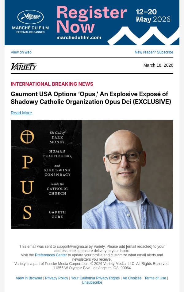 Gaumont USA Options ‘Opus,’ An Explosive Exposé of Shadowy Catholic Organization Opus Dei (EXCLUSIVE) email from Variety screenshot