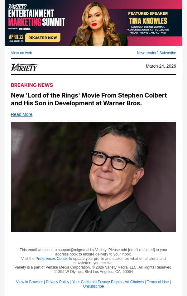 New 'Lord of the Rings' Movie From Stephen Colbert and His Son in Development at Warner Bros. email from Variety screenshot