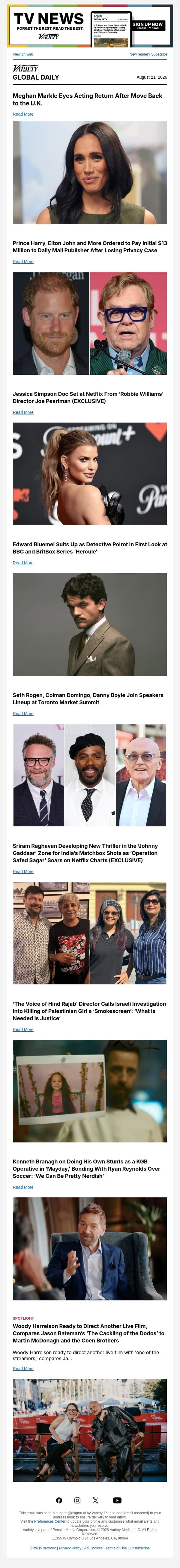 Meghan Eyes Acting Return; Prince Harry to Pay Daily Mail Publisher; Jessica Simpson Netflix Doc email from Variety screenshot