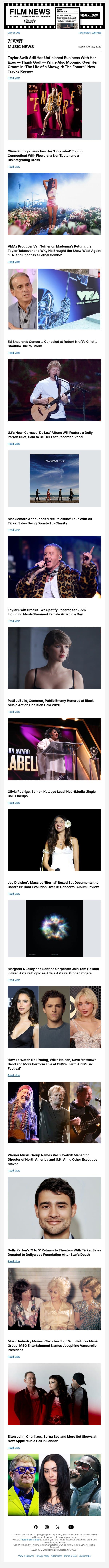 Taylor Swift Releases 'Encore' Tracks; Olivia Rodrigo Opens Tour; MTV VMAs Preview email from Variety screenshot