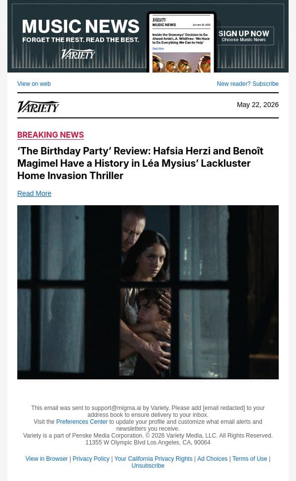 ‘The Birthday Party’ Review: Hafsia Herzi and Benoît Magimel Have a History in Léa Mysius’ Lackluster Home Invasion Thriller email from Variety screenshot