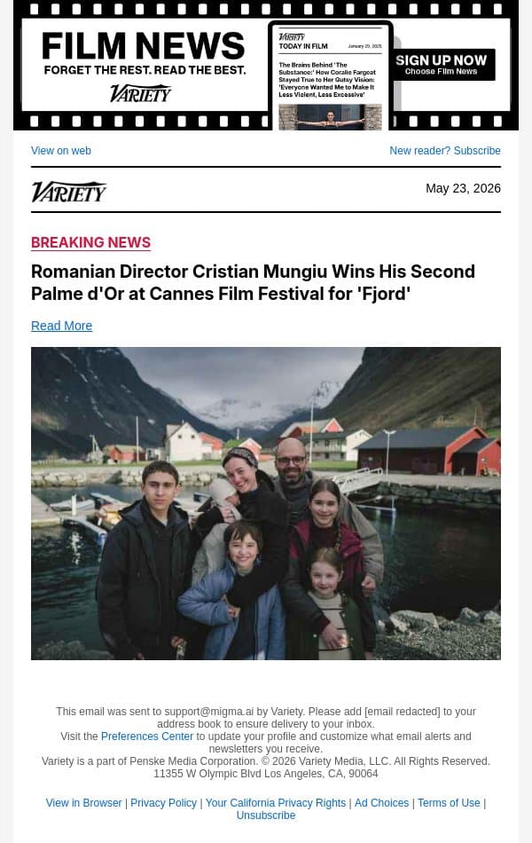 Romanian Director Cristian Mungiu Wins His Second Palme d'Or at Cannes Film Festival for 'Fjord' email from Variety screenshot