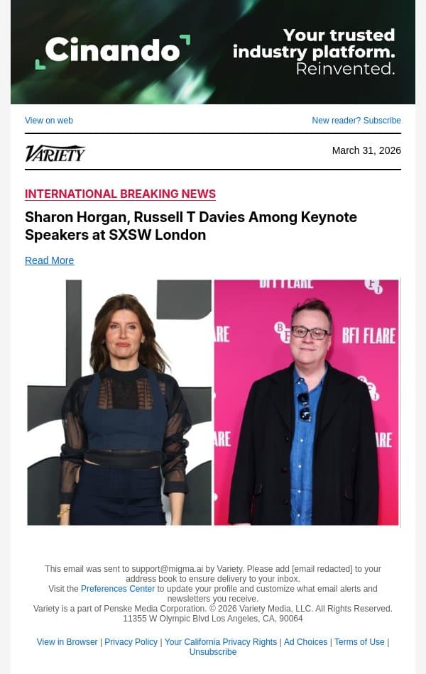 Sharon Horgan, Russell T Davies Among Keynote Speakers at SXSW London email from Variety screenshot