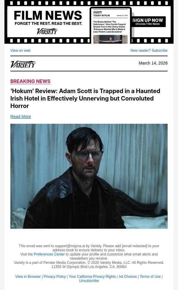 ‘Hokum’ Review: Adam Scott is Trapped in a Haunted Irish Hotel in Effectively Unnerving but Convoluted Horror email from Variety screenshot