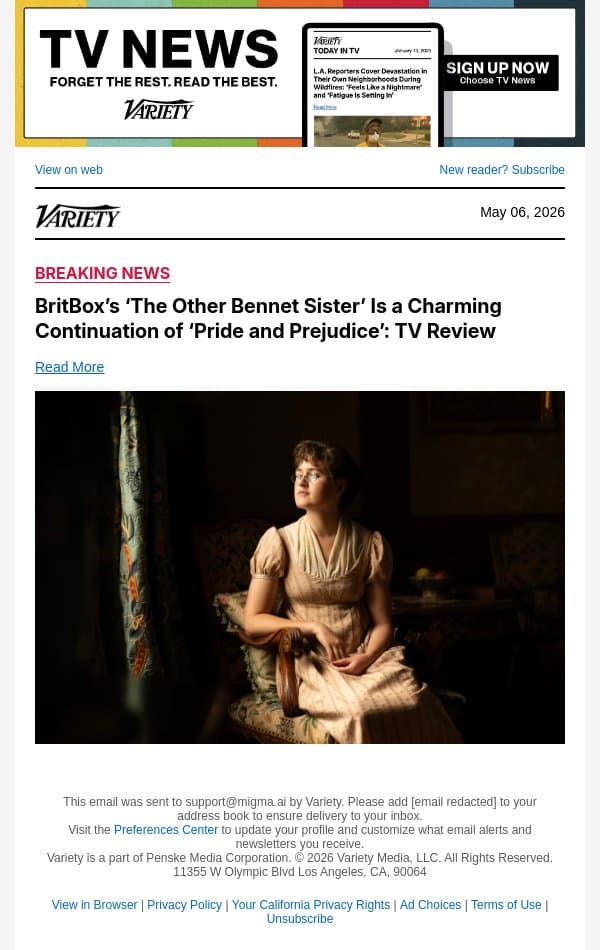 BritBox’s ‘The Other Bennet Sister’ Is a Charming Continuation of ‘Pride and Prejudice’: TV Review email from Variety screenshot