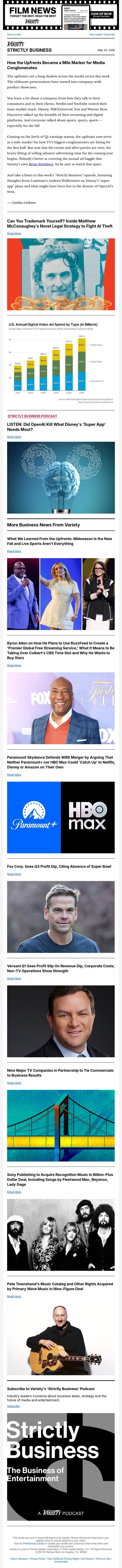 Strictly Business Newsletter & Podcast: Can Stars Trademark Themselves?; Why Byron Allen Bought Buzzfeed; Paramount Skydance Defends WBD Deal; Versant Media Q1 Profit Dips; Sony Music Buys Recognition; How the Demise of Sora Hurts Disney's 'Super App' Plan; and More email from Variety screenshot