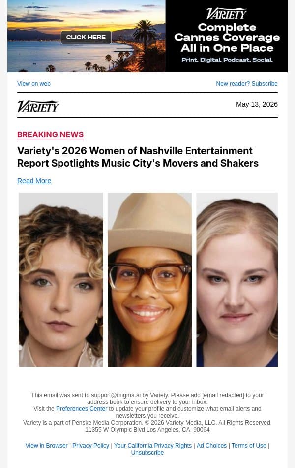 Variety's 2026 Women of Nashville Entertainment Report Spotlights Music City's Movers and Shakers email from Variety screenshot
