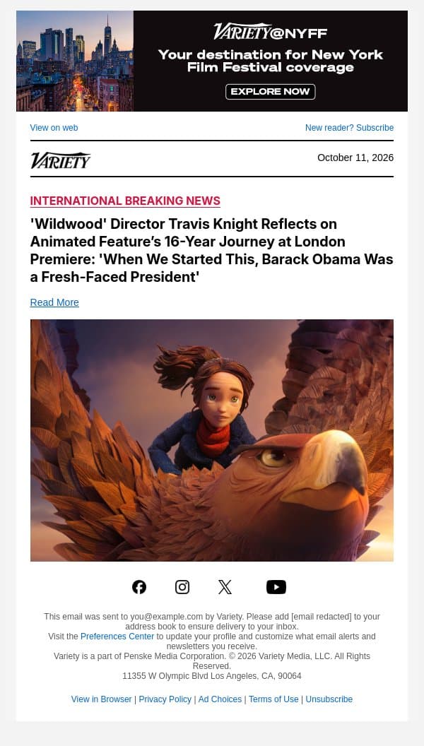 'Wildwood' Director Travis Knight Reflects on Animated Feature’s 16-Year Journey at London Premiere: 'When We Started This, Barack Obama Was a Fresh-Faced President' email from Variety screenshot
