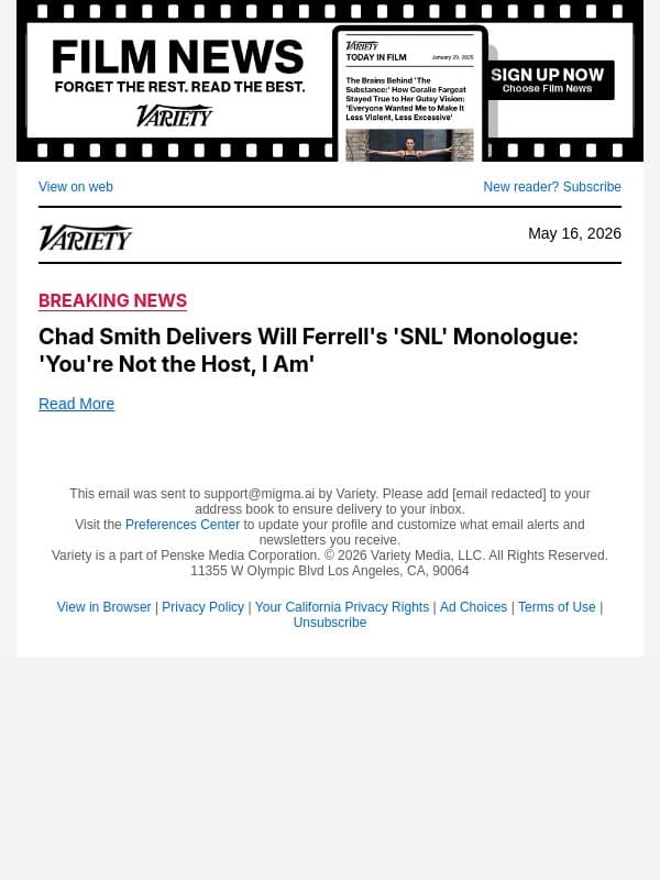 Chad Smith Delivers Will Ferrell's 'SNL' Monologue: 'You're Not the Host, I Am' email from Variety screenshot