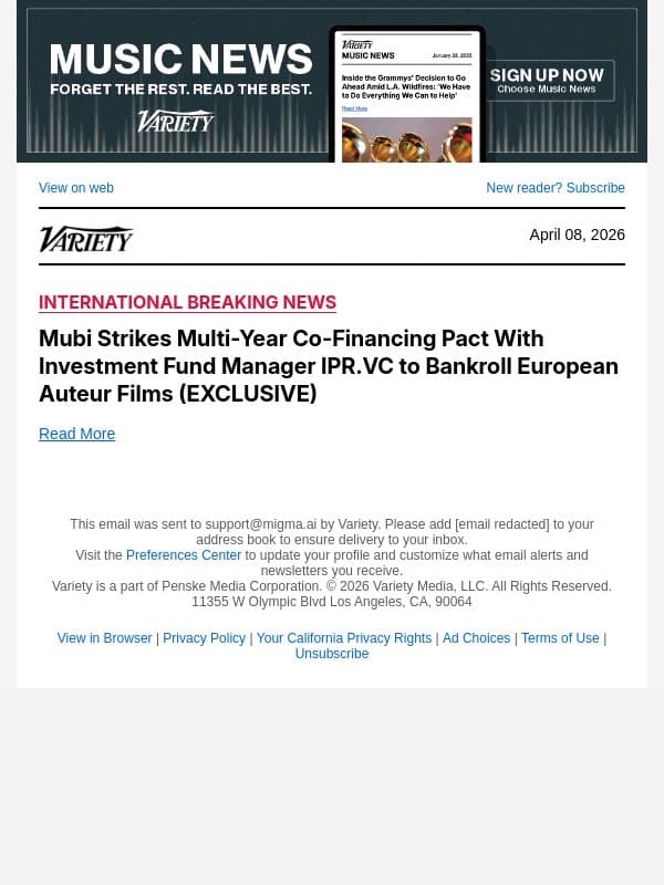 Mubi Strikes Multi-Year Co-Financing Pact With Investment Fund Manager IPR.VC to Bankroll European Auteur Films (EXCLUSIVE) email from Variety screenshot