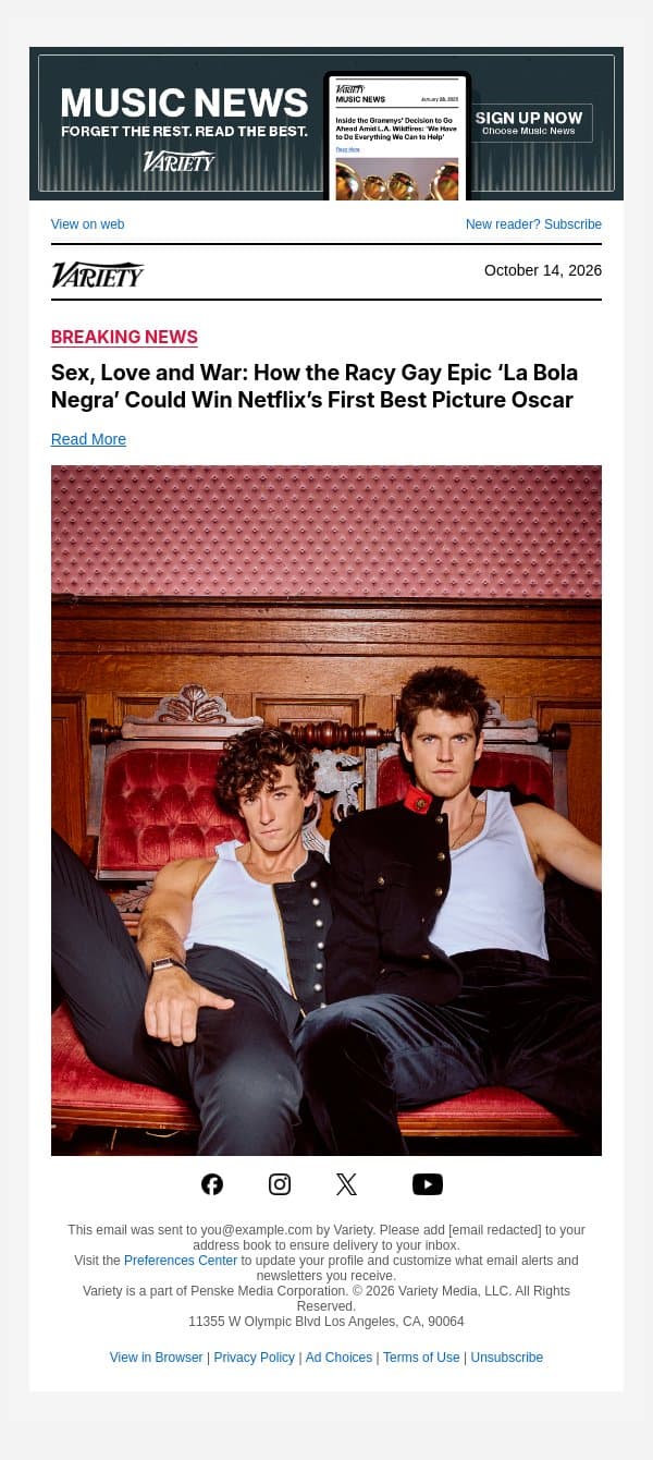 COVER STORY: Sex, Love and War: How the Racy Gay Epic ‘La Bola Negra’ Could Win Netflix’s First Best Picture Oscar email from Variety screenshot