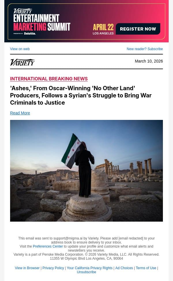 'Ashes,' From Oscar-Winning 'No Other Land' Producers, Follows a Syrian's Struggle to Bring War Criminals to Justice email from Variety screenshot