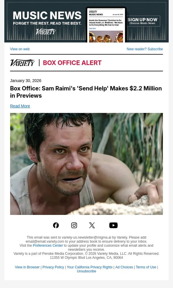 Box Office: Sam Raimi's 'Send Help' Makes $2.2 Million in Previews email from Variety screenshot