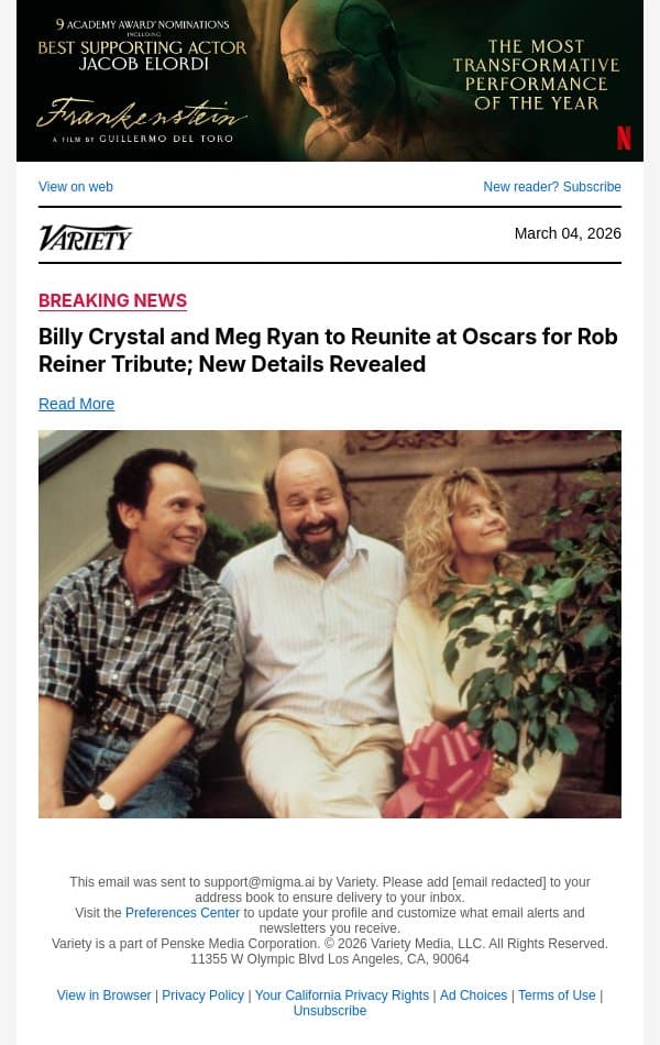 Billy Crystal and Meg Ryan to Reunite at Oscars for Rob Reiner Tribute; New Details Revealed email from Variety screenshot
