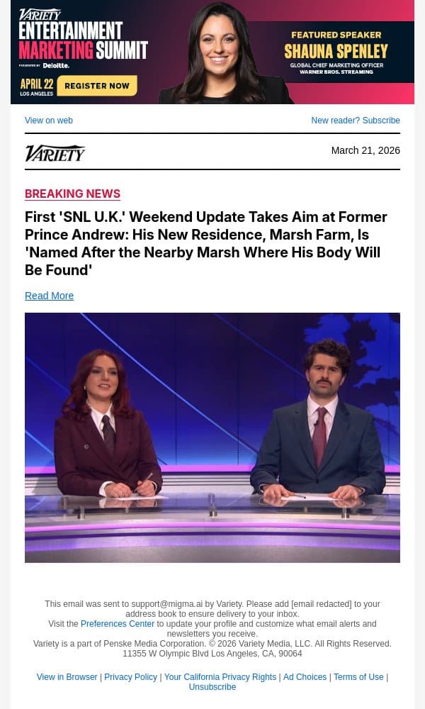 First 'SNL U.K.' Weekend Update Takes Aim at Former Prince Andrew: His New Residence, Marsh Farm, Is 'Named After the Nearby Marsh Where His Body Will Be Found' email from Variety screenshot