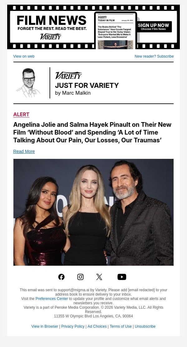 Angelina Jolie and Salma Hayek Pinault on Their New Film ‘Without Blood’ and Spending ‘A Lot of Time Talking About Our Pain, Our Losses, Our Traumas’ email from Variety screenshot