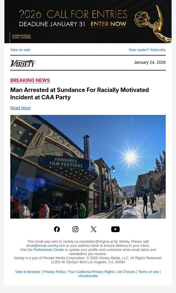 Man Arrested at Sundance For Racially Motivated Incident at CAA Party email from Variety screenshot
